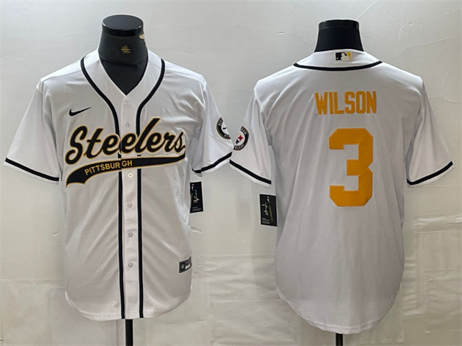 Men's Pittsburgh Steelers #3 Russell Wilson White Gold With Patch Cool Base Stitched Baseball Jersey Men's Pittsburgh Steelers #3 Russell Wilson White Gold With Patch Cool Base Stitched Baseball Jersey